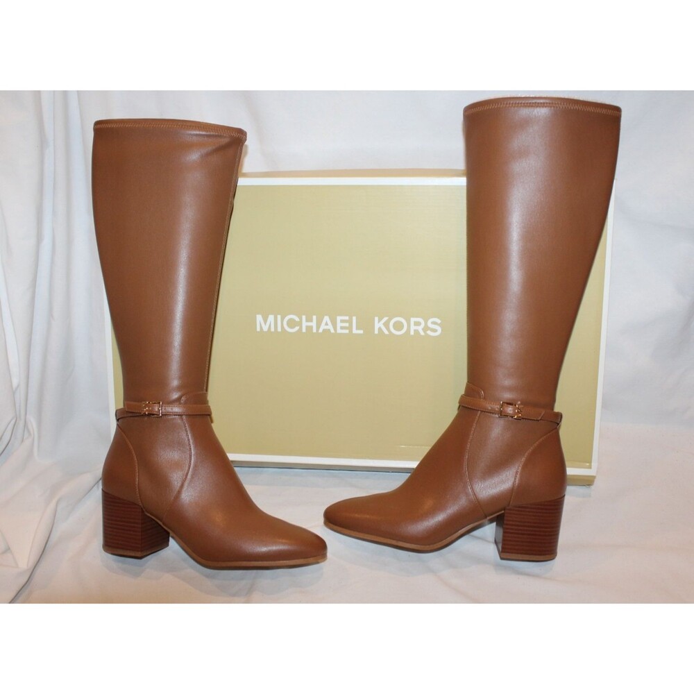 Michael Kors Ella Women's Block Heel Boots NIB 8 WIDE CALF LUGGAGE BROWN LEATHER